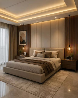 Cover: centered bed against wood paneling, a continuous glowing ceiling cove, matched bedside sconces and nightstands mirrored left and right, no text on the image