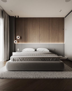Slide 1: a second, more minimalist design — grey linens on a floating bed, dark wood accent wall, a single round wall light, cove strip only behind the headboard