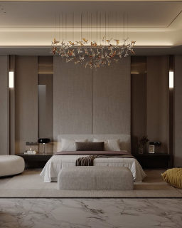 Slide 2: a third design centered on a hanging branch-style chandelier over the bed, matched dark nightstands and a mirrored pair of benches at the foot of the bed