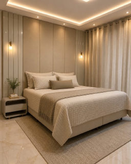 Slide 3: a fourth design in cream tones, tufted wall panels, sconces flanking the headboard, sheer curtain to one side, a full cove ring in the ceiling